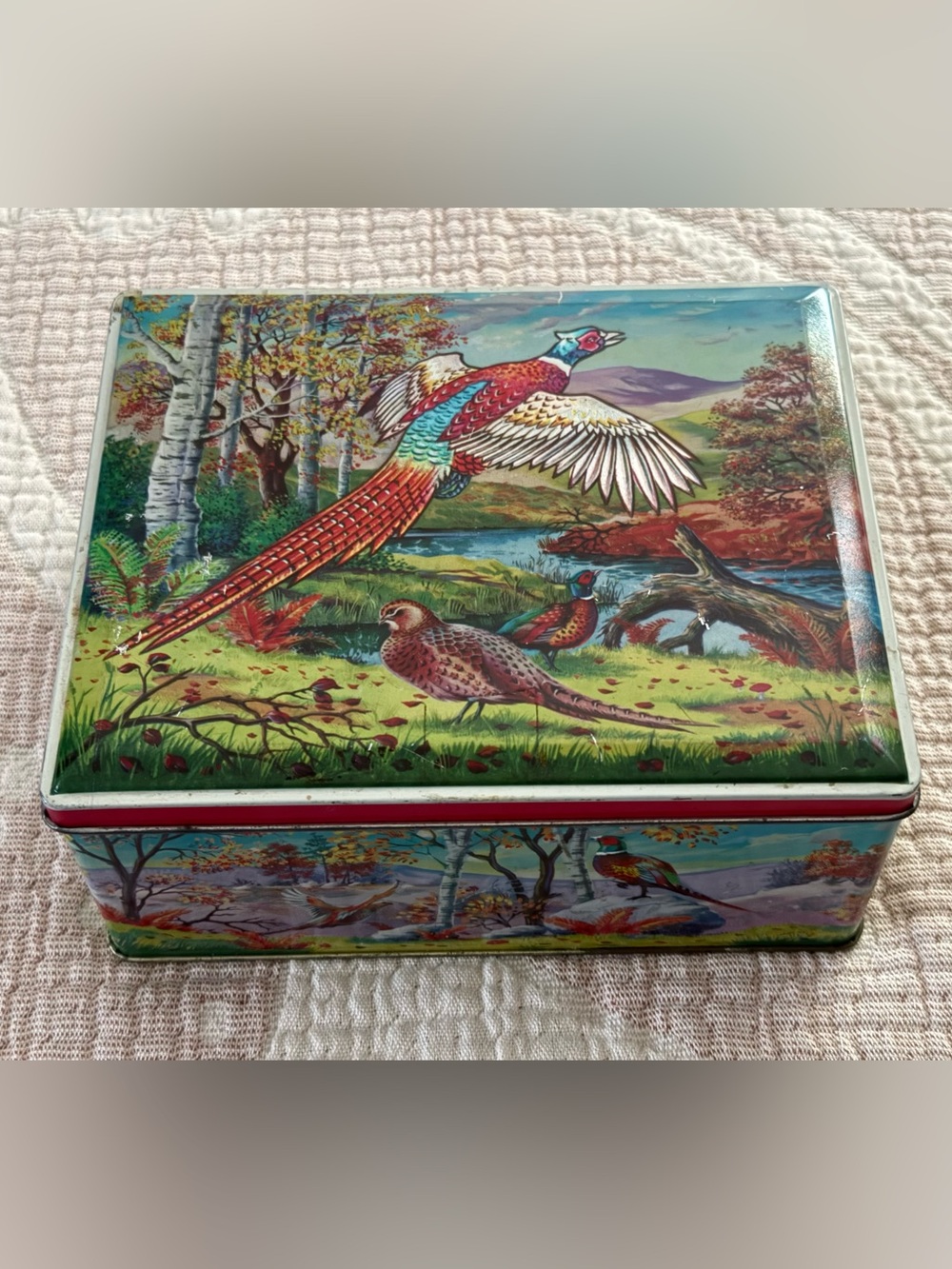 RARE VINTAGE THORNE’S ENGLAND TOFFEE TIN PHEASANT LANDSCAPE